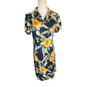 Caribbean Joe Floral Rayon Shirt Dress Size Small Tropical Hawaiian Midi